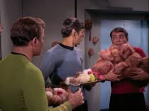 Captain Kirk, Mr. Spock, and Scotty with an armload of tribbles Photo Credit: Startrek.com